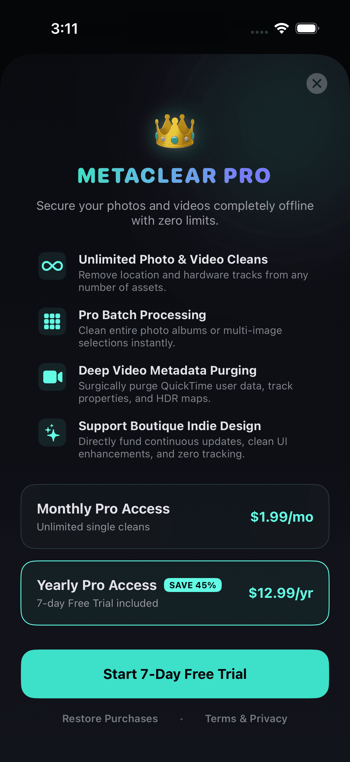 MetaClear Pro upgrade screen